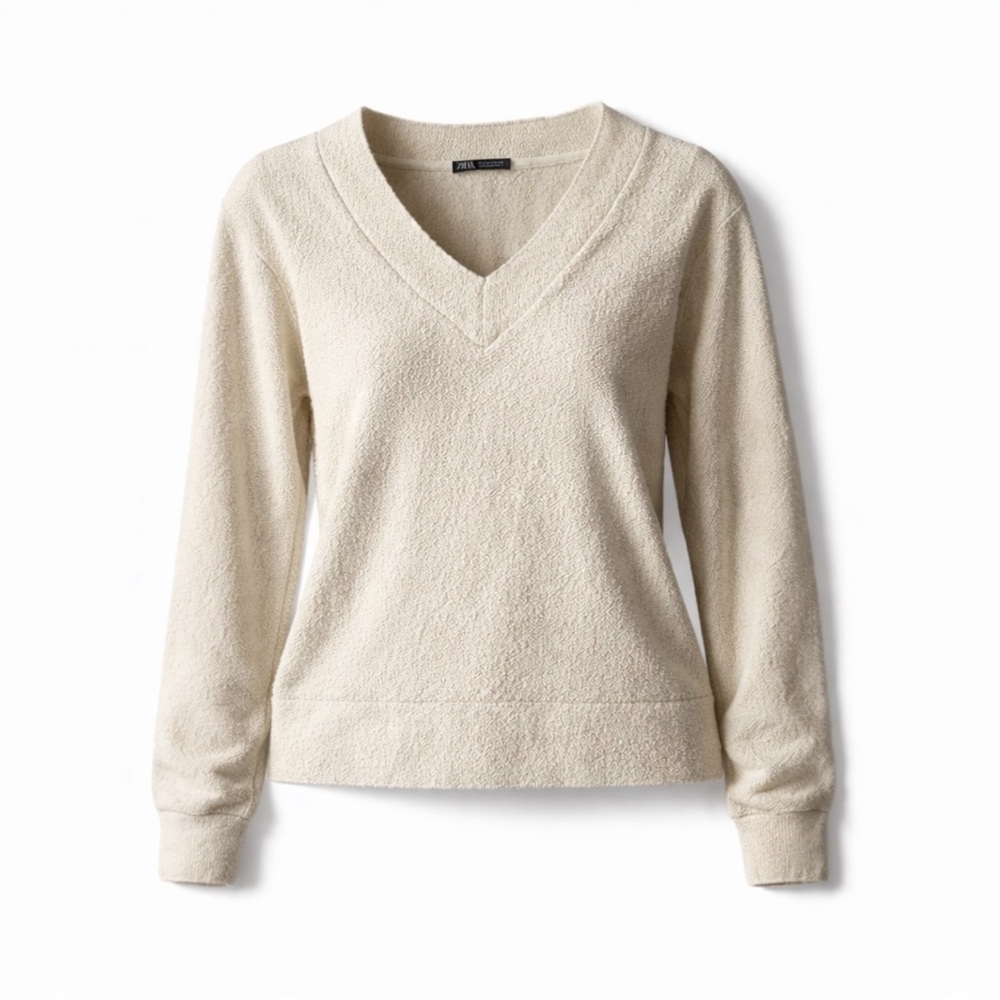 Zara Textured Knit V-Neck Sweater Cream Neutral Size Small